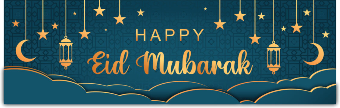Happy Eid Mubarak Greeting Card Design with Golden Mosque and Crescent Moon Stars