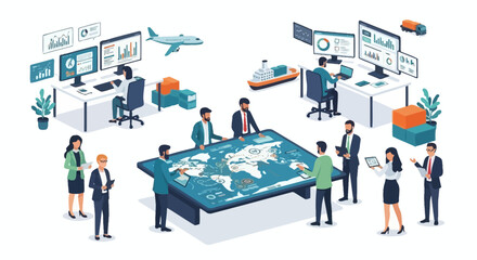 Naklejka premium Global Business Strategy Meeting with Digital Map Display.