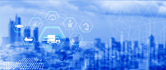 Fototapeta premium Smart logistics concept. warehouse operations with AI technology, using digital tools for inventory tracking, automation, and efficient supply chain control. not ai