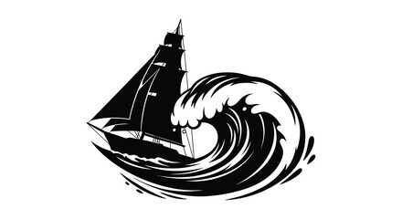 A majestic sailing ship battles a large swirling wave in a dramatic black silhouette high quality professional detailed © Kuntol02