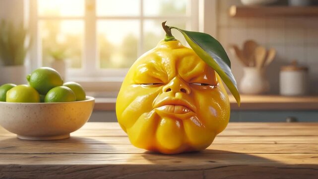 Anthropomorphic lemon with human face blinking on wooden kitchen table. Surreal citrus fruit character with expressive facial features. Static close-up shot.