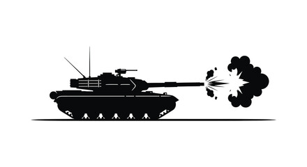 A stark black silhouette depicts a tank firing its cannon showcasing military power and conflict silhouette high quality © Kuntol02
