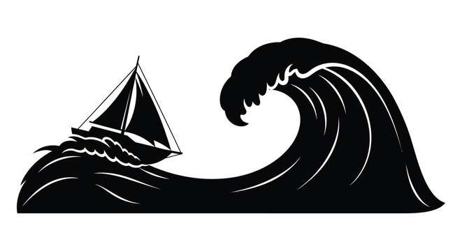 A dramatic black silhouette depicts a small sailboat navigating a large curling ocean wave silhouette high quality professional