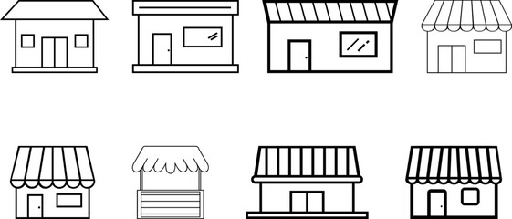 Store front black line icon set