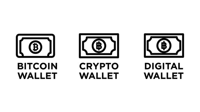 Clean line art icons representing Bitcoin wallet, crypto wallet, and digital wallet, perfect for finance and technology themes.