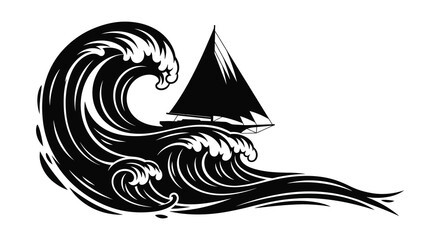 A striking black and white illustration depicts a sailing boat navigating a large wave silhouette high quality professional © Kuntol02
