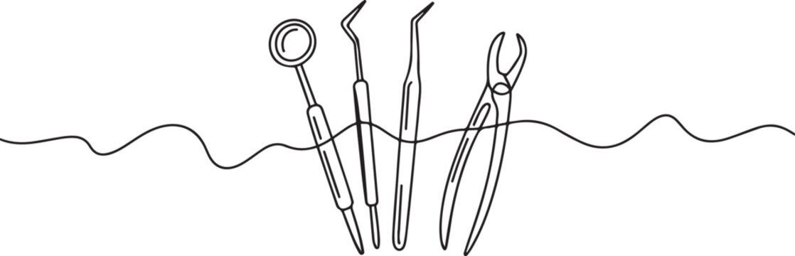 one line art Dental Tools vector illustration. line art, one continuous line, simple, hand drawn and sketch style. for icons, symbols. one line Icon drawing