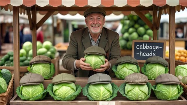 Senior market vendor presenting cabbages wearing flat caps. Humorous vegetable display at outdoor farmers market. Lockdown medium shot.
