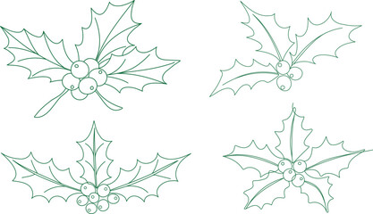  one line art Christmas tree set, one line drawing Christmas tree, mistletoe, holly berry leaves, modern continuous line art, aesthetic contour, symbol for greeting card, prints, poster, sticker, ban © MST