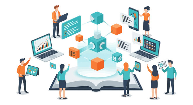 Knowledge Sharing Network and Collaborative Digital Ecosystem. Teamwork interacting with data blocks, decentralized technology, and EdTech on a book.