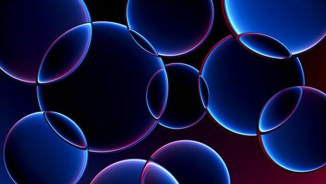Futuristic glowing neon glass spheres composition in dark space. Transparent overlapping lenses with intense refracting vibrant neon light for technology branding visual and landing page. 3d render
