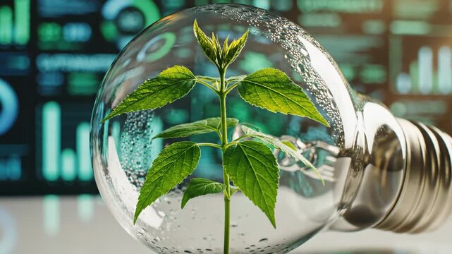 Sustainable Energy - Plant Growth Inside Light Bulb with Technology Background.