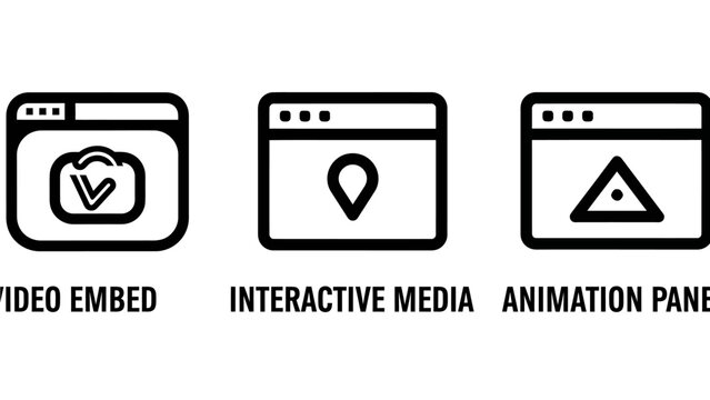 Icons for video embed, interactive media, and animation panel, suitable for web design, digital content, and user interface elements.