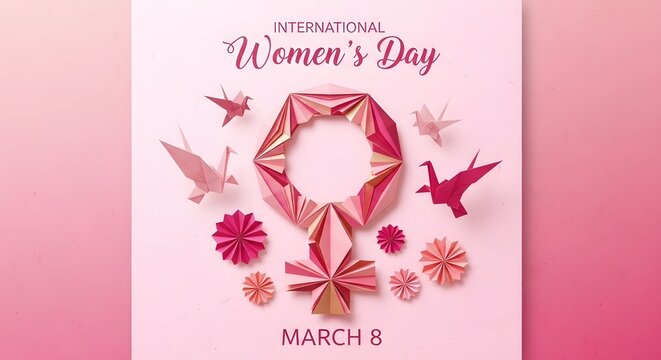 Pink Gender Symbol with Origami Birds and Flowers Artistic Poster Design