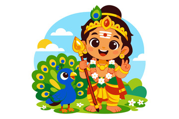 Naklejka premium Cute Bala Murugan with Tripundra and Peacock – Colorful 2D Flat Vector Illustration