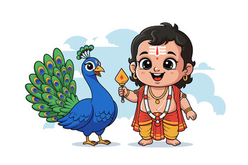 Fototapeta premium Cute Bala Murugan with Tripundra and Peacock – Colorful 2D Flat Vector Illustration