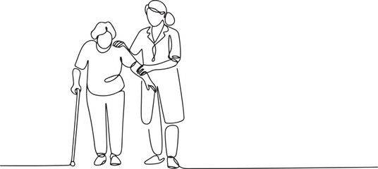Continuous one line drawing Female Doctor helping old woman patient with walking stick to walk. Doctor and Patient concept. one line Icon drawing