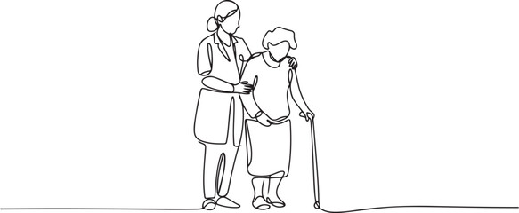 Obraz premium Continuous one line drawing Female Doctor helping old woman patient with walking stick to walk. Doctor and Patient concept. one line Icon drawing