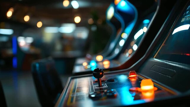 Retro arcade room glowing with neon nostalgia and gaming spirit, vintage gaming atmosphere, classic arcade setting, nostalgic entertainment space, defocused arcade background,