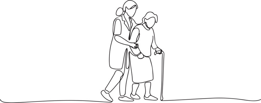 Continuous one line drawing Female Doctor helping old woman patient with walking stick to walk. Doctor and Patient concept. one line Icon drawing