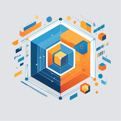 Fototapeta premium Isometric blue and orange abstract hexagonal core for data analysis and technology concepts