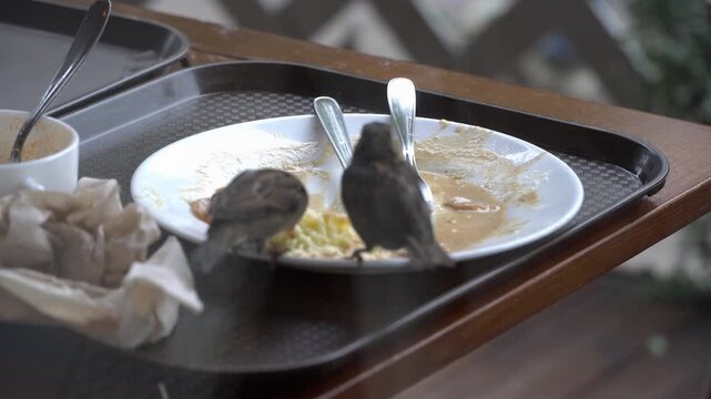 Two sparrows eat leftovers from an outdoors restaurant table.