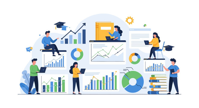 Business Data Analysis, Research, and Education Concept. Flat Vector Illustration of People Working with Financial Charts, Growth Graphs, and Reports.