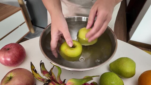 Close-up of the hands of a woman in an apron standing in front of a table with fruit and washing apples