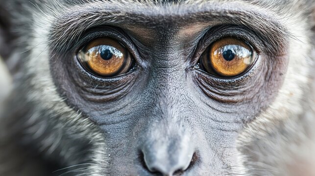 Close-up of a furry animal with small, dark eyes, thick gray fur, and a snub nose.