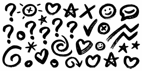 Collection of hand drawn doodle symbols including hearts stars and question marks