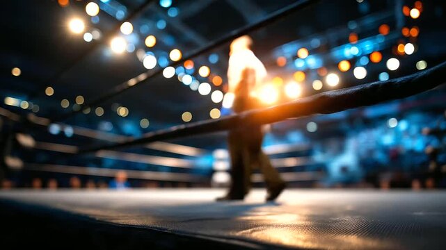 Anticipation building in empty wrestling ring aglow with spotlights before big match, sports venue preparation, pre-event atmosphere, combat sports ring, defocused arena