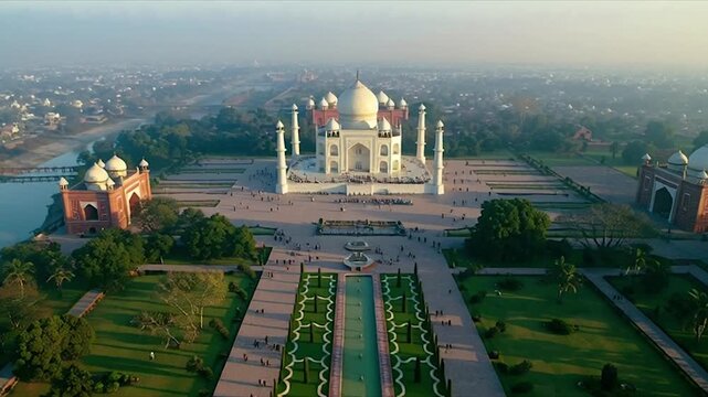 Aerial View of the Taj Mahal Mausoleum and Gardens at Sunrise.