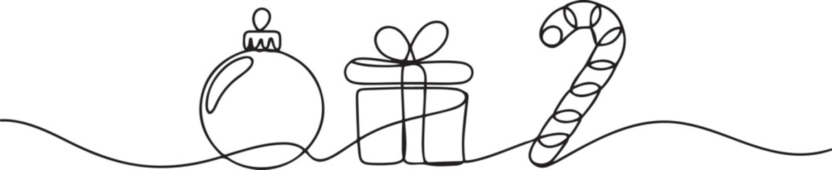 Fototapeta premium Christmas ball, gift box, candy can continues one single line hand drawing vector stock illustration. one line Icon drawing