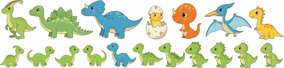 Cute Baby Dinosaur Collection with Triceratops, Stegosaurus, Pterodactyl and Hatching Dino Egg Cartoon Vector Illustration Set © Momota