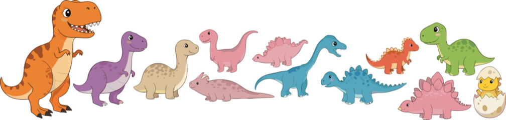 Cute Cartoon Dinosaur Characters Collection with T Rex, Stegosaurus, Brachiosaurus and Baby Dino in Egg Vector Illustration Set © Momota