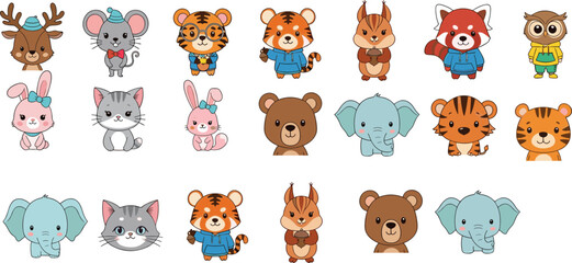 Fototapeta premium Cute Forest and Wild Animal Cartoon Characters Collection with Bear, Tiger, Elephant, Rabbit, Owl and Raccoon Vector Set