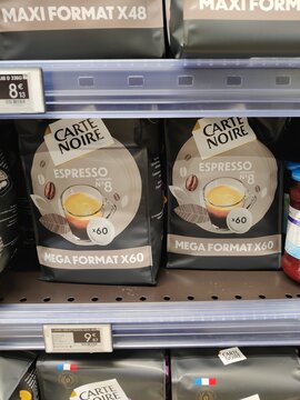 Saujon, France - January 24, 2026: Intermarche. Carte Noire espresso coffee bags displayed on a supermarket shelf, featuring Mega Format X60 and Espresso No. 8 branding