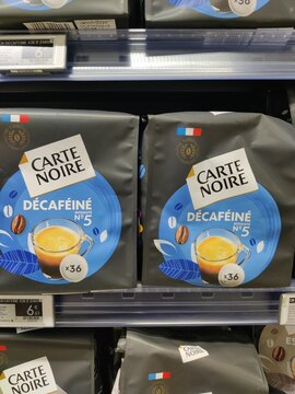 Saujon, France - January 24, 2026: Intermarche. Carte Noire decaffeinated coffee packaging displayed on a supermarket shelf, featuring a blue design and coffee cup illustration