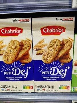 Saujon, France - January 24, 2026: Intermarche. Chabrior Petit Dej chocolate chip cookies packaging displayed on a supermarket shelf with branding and product details visible