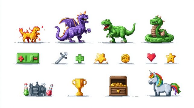 Pixel art collection of RPG gaming sprites and fantasy creatures.