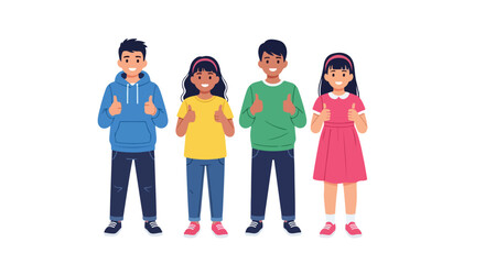 Fototapeta premium Four diverse cartoon people giving thumbs up standing in a row on a white background.