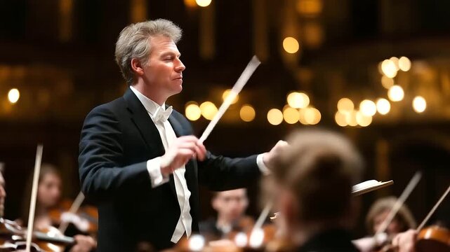 Bathed in warm golden light, conductor leading orchestra with passion, musicians synchronized in beautiful symphony performance, orchestral concert scene, musical direction