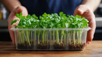 Man holding a plastic tray of fresh green cress microgreens on a wooden table