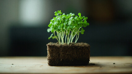 Small cluster of vibrant green cress microgreens growing from a square soil seedling block