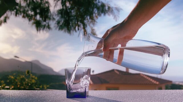 Woman Pouring Cool Clear Water into Glass Surrounded by Nature and Peaceful Atmosphere