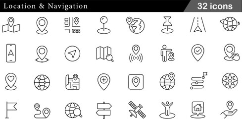 32 Location and Navigation Icon Set Map Pins, GPS Satellite, Directional Arrows and Wayfinding Symbols in Minimalist Black and White Line Art © Jamal