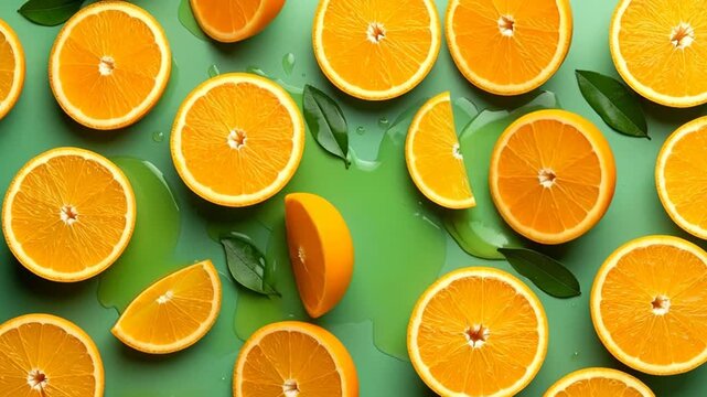 Vibrant Orange Slices and Leaves with Green Juice Splatters on Green Background