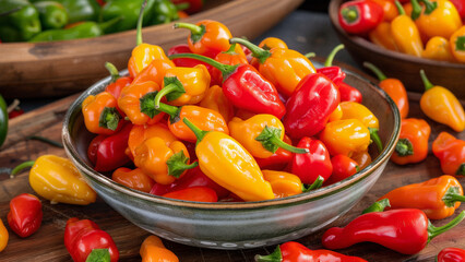 A ceramic bowl filled with vibrant red, orange, and yellow firecracker peppers on a rustic wooden surface