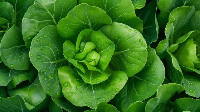 Top down close up of fresh green escarole leaves with water droplets in a garden