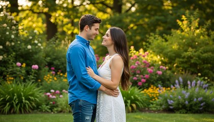 Fototapeta premium Romantic couple hugging in a blooming garden. Young man and woman looking into each other's eyes in a park